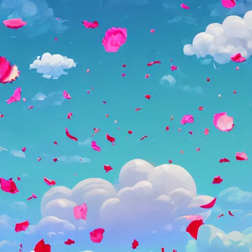 Image similar to background art of spaciously scattered flower petals flowing and floating through the blowing swirling directional wind from left to right on a simple cloudy sky background, big puffy clouds, large individual rose petals, angular background elements, polygonal fragments, studio ghibli, artgerm, trending on artstation, art nouveau, mature color scheme