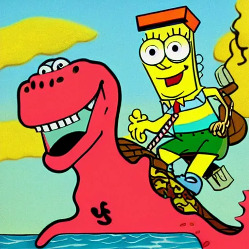 Prompt: spongebob squarepants riding a dinosaur, 7 0 s cartoon