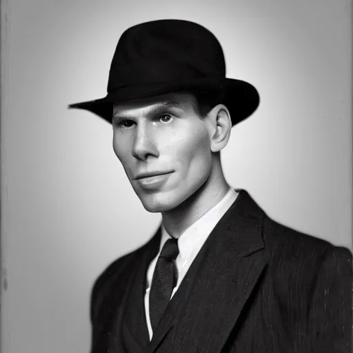 Image similar to A photograph portrait of Jerma985 wearing a suit with and fedora in the 1940s, taken in the early 1940s, grainy, taken on a 940s Kodak Camera, realistic, hyperrealistic, very realistic, highly detailed, very detailed, extremely detailed, detailed, digital art, trending on artstation