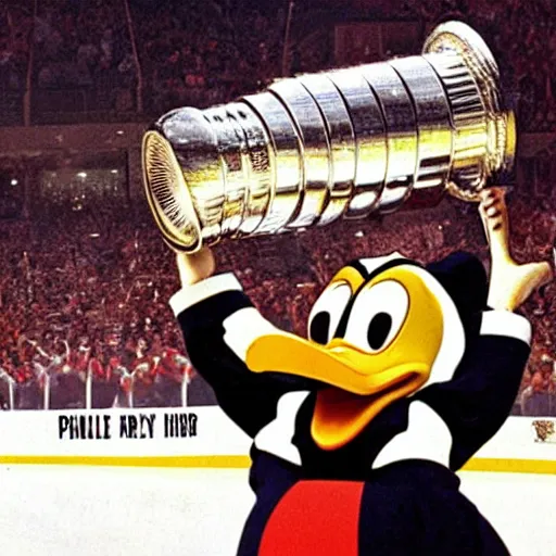 Prompt: Donald duck lifts the Stanley cup trophy as a Philadelphia flyer, 2002, NHL.com