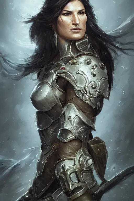 Prompt: a finely detailed portrait of Gina Carano, clothed in battle armor, olive skin, long dark hair, intricate, elegant, digital painting, trending on Artstation, concept art, smooth, sharp focus, illustration, from World of Warcraft, by Ruan Jia and Mandy Jurgens and Artgerm and william-adolphe bouguerea, award winning