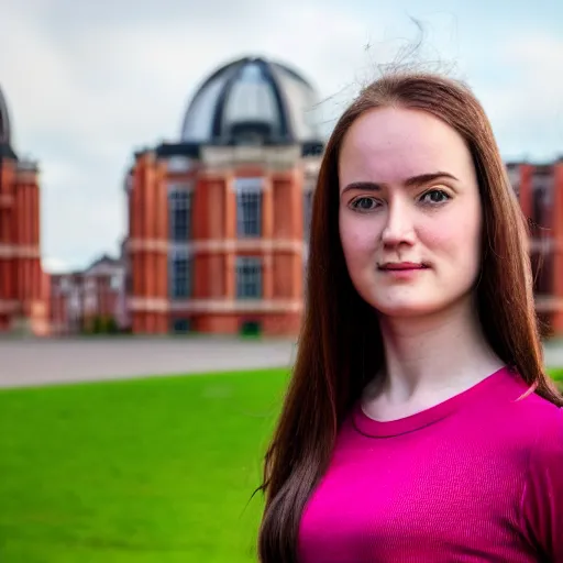 Image similar to A young woman with long brown hair and a pink top, headshot, with the top of Royal Holloway Building in the background, realistic photo