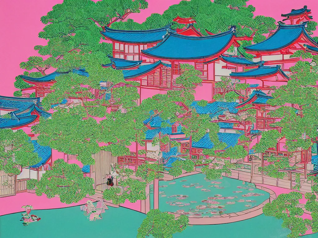 Image similar to image of a traditional japanese house with a garden, a pond in the garden, pink children are sitting around it, a combination of pop art and traditional japanese painting styles, the style of andy warhol, roy lichtenstein and jackie tsai, bright palette, acrylic on canvas