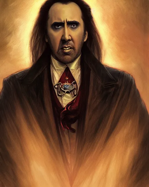 Image similar to nicolas cage as dracula, highly detailed, centered, artstation, concept art, smooth, sharp focus, illustration, bokeh art by artgerm and donato giancola and joseph christian leyendecker