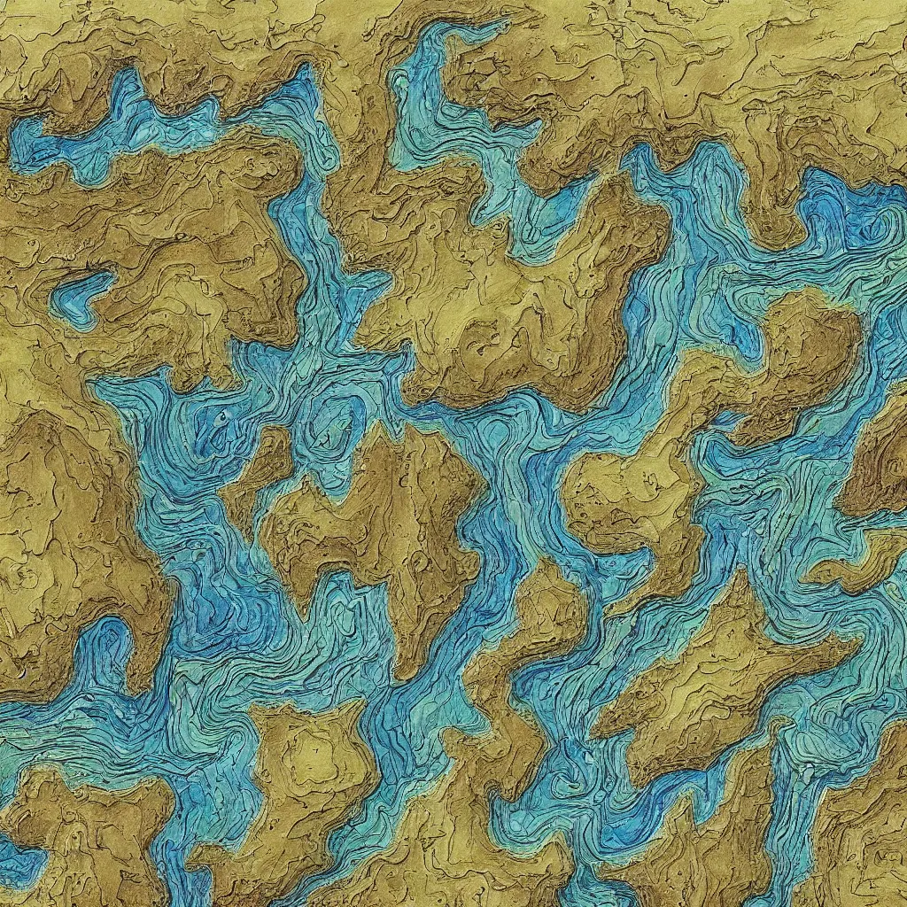Prompt: well drawn highly detailed topographical map of a large fantasy continent minimal bodies of water, emphasized elevation, styled like a j. r. tolkien map, oil painting
