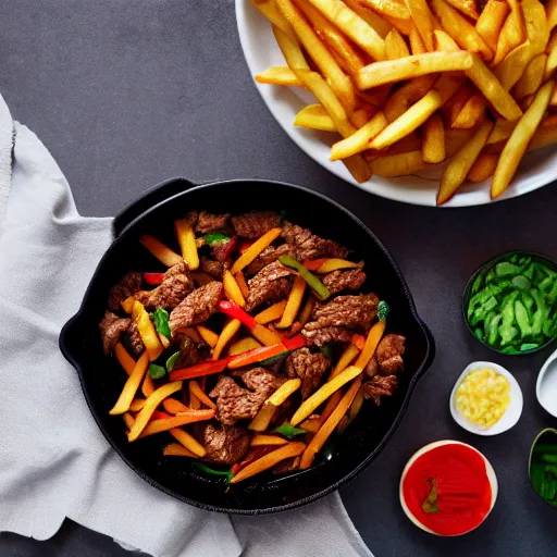 Image similar to dslr food photograph of stir fried beef, mixed with tomato wedges and french fries, with white rice on the side, 8 5 mm f 1. 8