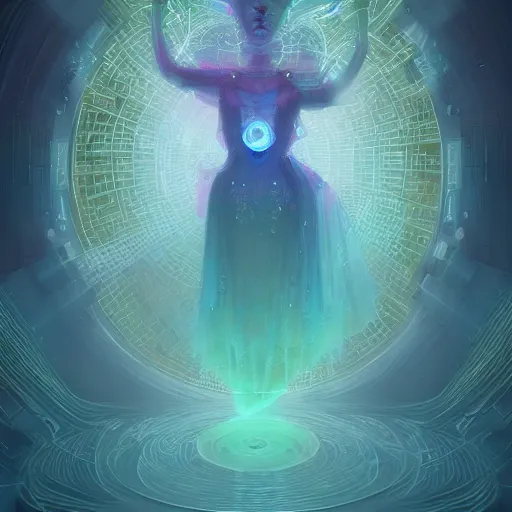 Prompt: intricate holographic ghost in the machine ballerina made of micro circuitry and transistors in a glowing deep sea by peter mohrbacher and dan mumford, trending on artstation, cgsociety 4 k