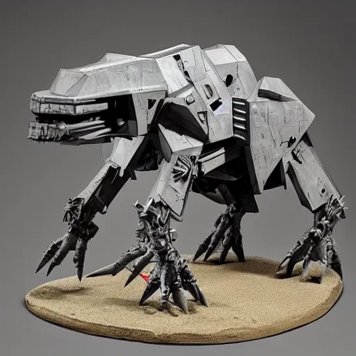 Image similar to a fusion between the tarrasque and an AT-AT, flat grey color, completely metal, guns on shoulders, hyper-realistic CG