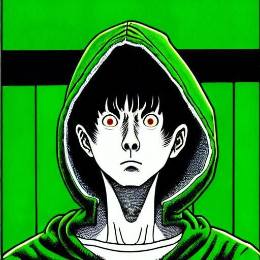 Prompt: portrait of programmer with green hood by junji ito