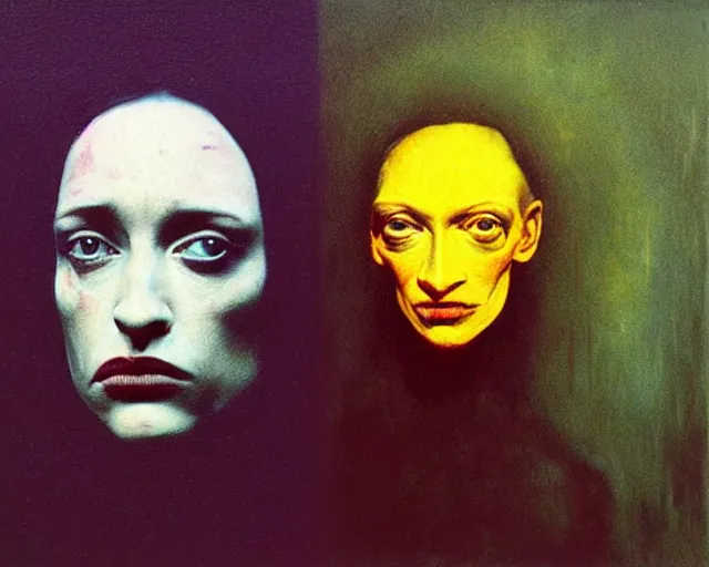 Image similar to by francis bacon, beksinski, mystical redscale photography evocative, full eyebrows lips, expressionism. kat dennings uma thurman christina hendricks tilda swinton