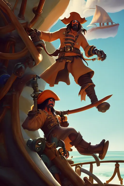Image similar to a pirate man with an astronaut helmet with long black hair on a pirate ship, d & d, sea of thieves, fantasy digital painting, trending on artstation, concept art, sharp focus, illustration, global illumination, ray tracing, realistic shaded, art by artgerm and greg rutkowski and fuji choko and viktoria gavrilenko and hoang lap