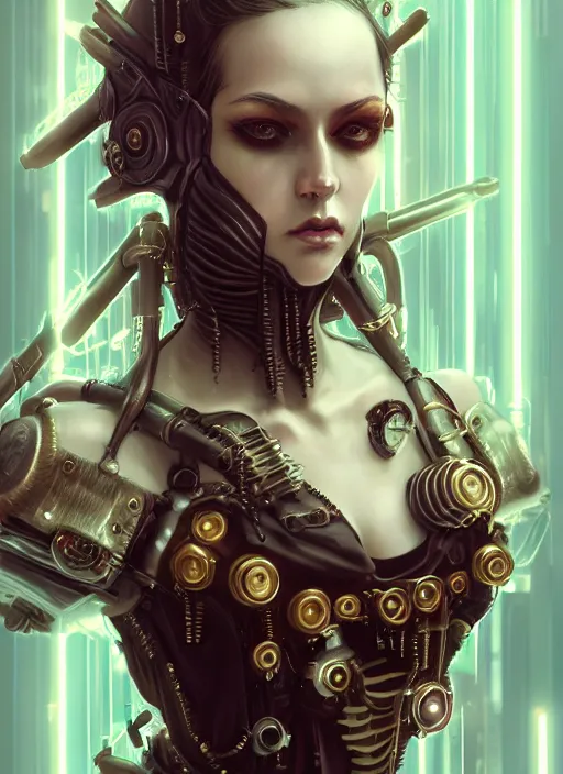 Image similar to soft lustrous ivory ebony biotech raver gutter punk gothic steampunk cyborg, golden ratio, details, scifi, fantasy, cyberpunk, intricate, decadent, highly detailed, digital painting, octane render, artstation, concept art, smooth, sharp focus, illustration, art by artgerm, loish, wlop