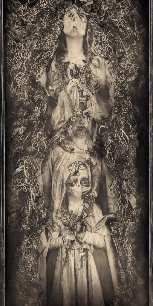 Image similar to tintype full body view, virgin mary in dia de muertos dress and make up, horrific beautiful vibe, evocative, atmospheric lighting, painted, intricate, highly detailed,