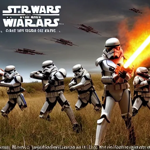 Image similar to star wars clone troopers combat soldiers in vietnam, photo, old picture, lush landscape, field, firearms, explosions, xwings, aerial combat, active battle zone, flamethrower, air support, jedi, land mines, gunfire, violent, star destroyers, star wars lasers, sci - fi, jetpacks, agent orange, bomber planes, smoke, trench warfare