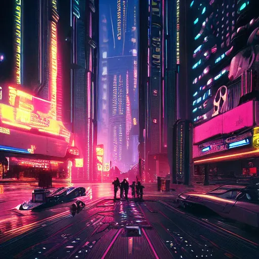 Prompt: cyberpunk 2 0 7 7 night city, highly detailed, oil painting, dark, dramatic,