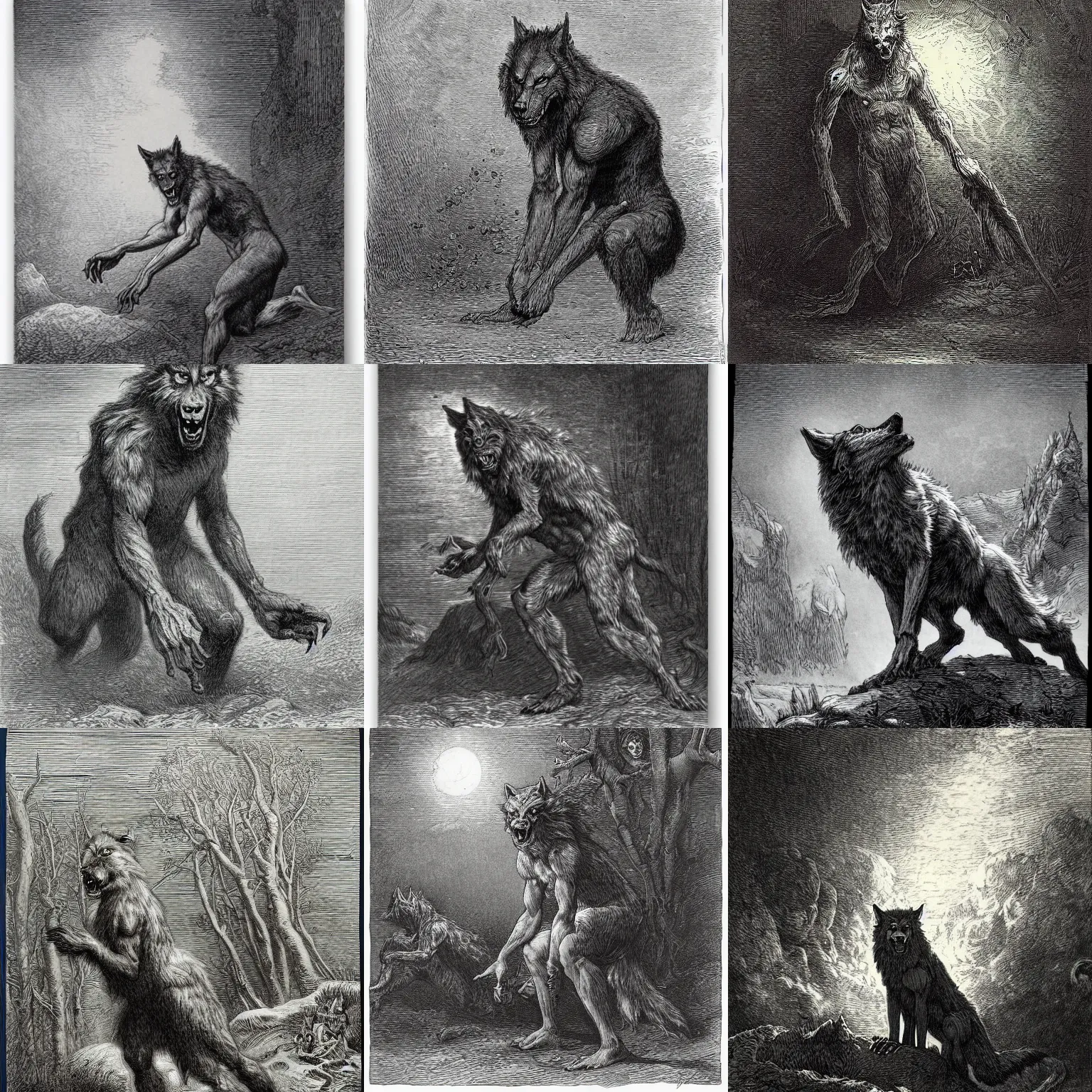 Prompt: a werewolf by gustave dore