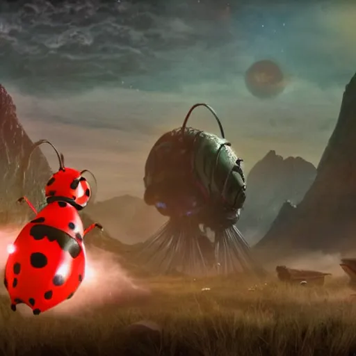 Image similar to promotional movie still, ladybug futuristic ( ( descendants ) ), ladybug quadruped with big rgb eyes, huge ladybug mothership, space western, dramatic lighting, the fellowship of the ring ( film ) genre.