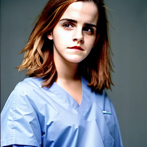 Image similar to emma watson, nurse scrubs, hospital, portrait, ponytail, mouth open, rolling eyes, head and shoulders, award winning, kodak ektachrome expired blue tint,