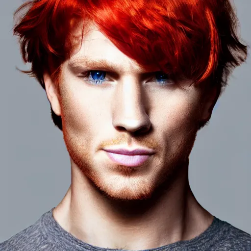 Prompt: professional digital art of a healthy man with red hair and green eyes, popular, famous, attractive, high quality, highly detailed, hd, 4 k, 8 k,