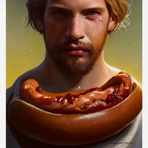 Image similar to portrait of a young rugged hot dog, extra onions and ketchup, luscious patty with sesame seeds, handsome, D&D, fantasy, intricate, elegant, highly detailed, digital painting, sweaty meat, artstation, concept art, matte, sharp focus, illustration, art by Artgerm and Greg Rutkowski and Alphonse Mucha