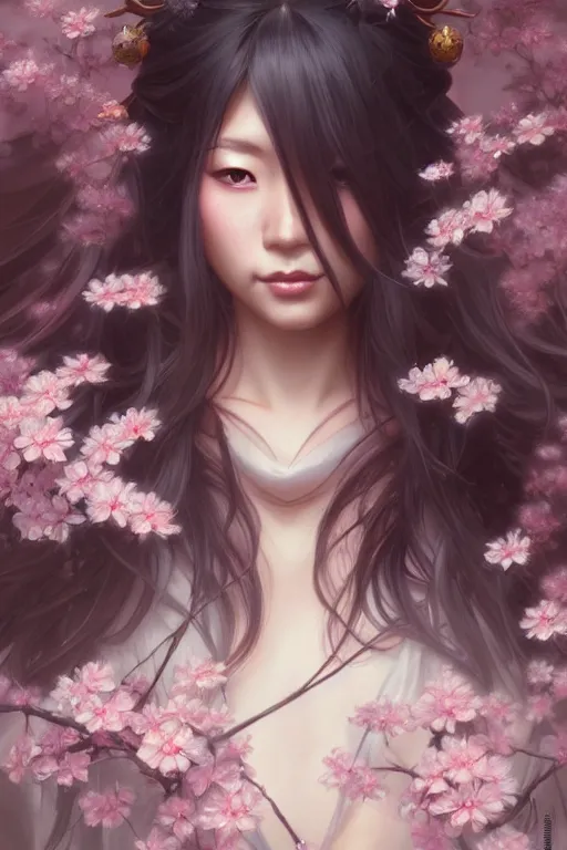 Image similar to Portrait of japanese gyaru, D&D, dark fantasy, sakura blooming on background, intricate, elegant, highly detailed, digital painting, artstation, concept art, smooth, sharp focus, illustration, art by artgerm and greg rutkowski and alphonse mucha