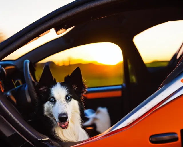 Image similar to border collie dog in the driver's seat of an orange nissan note, rally driving photo, award winning photo, golden hour, perfect composition