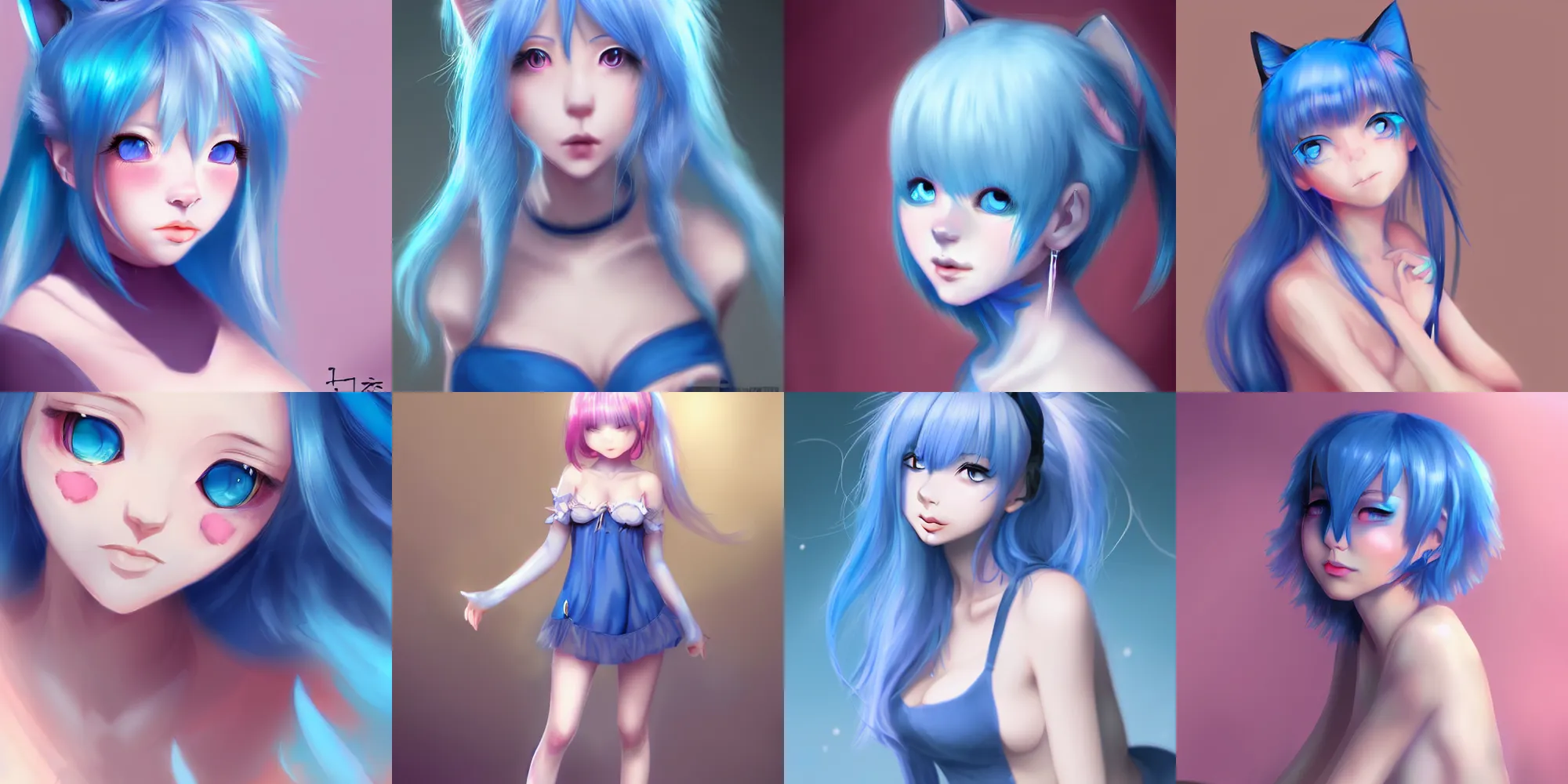Prompt: very beautiful digital painting of a blushing blue-haired cat girl, full body, full shot, ishikei, wlop, trending on artstation