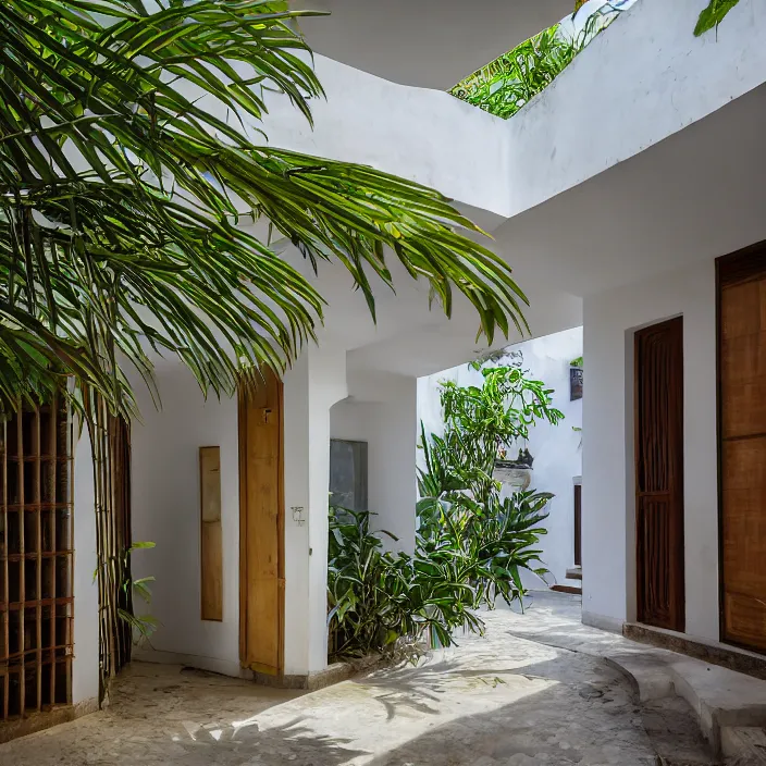 Prompt: idyllic town house on a quiet street in lagos, tropical architecture with sun shading and pergolas, modernist african building, contemporary architecture, architectural photography, canon eos r 3, telephoto lens, sigma 5 0 0 mm f / 5, iso 2 0 0, 1 / 1 6 0 s, 8 k, raw, unedited, in - frame