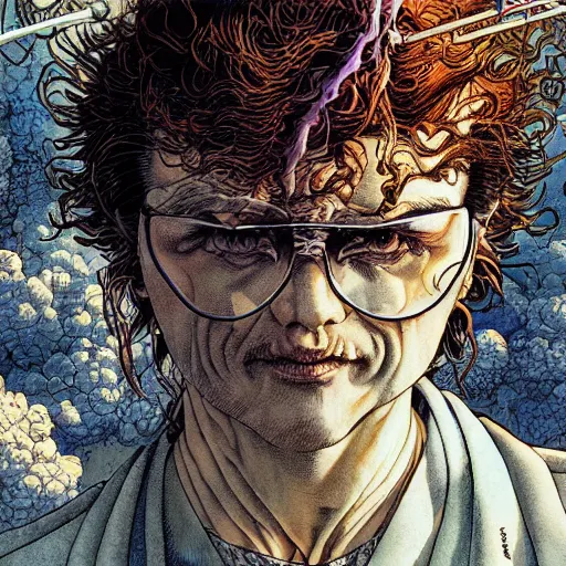 Prompt: closeup of mad scientist, by yoichi hatakenaka, masamune shirow, josan gonzales and dan mumford, ayami kojima, takato yamamoto, barclay shaw, karol bak