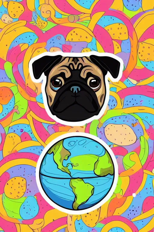 Image similar to Pug as a planet, sticker, colorful, illustration, highly detailed, simple, smooth and clean vector curves, no jagged lines, vector art, smooth