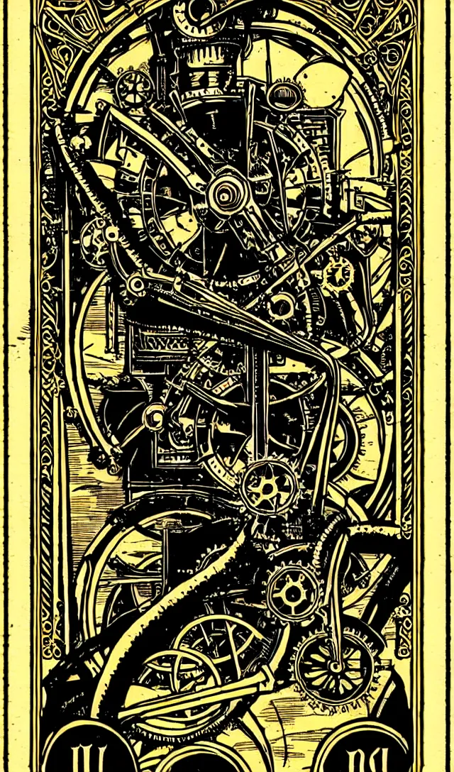 Image similar to tarot card of steampunk machine