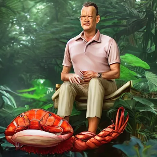 Prompt: Tom Hanks as forrest gump sitting on a giant shrimp in the jungle, realistic digital painting, in the style of Taeyoung Choi, photoreailstic, realistic face, amazing detail, sharp