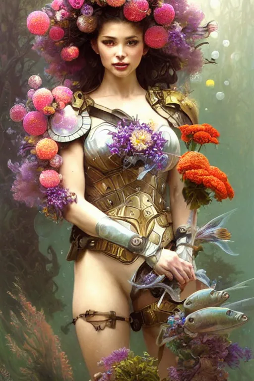 Prompt: portrait of a beautiful mysterious warrior woman in armour, gloves holding a bouquet of flowing flowers, bubbles, upward flowing long hair, gloves hidden under the bouquet, underwater with coral and fish, fantasy, regal, intricate, by stanley artgerm lau, greg rutkowski, thomas kinkade, alphonse mucha, loish, norman rockwell