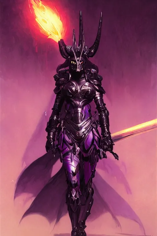 Prompt: woman with a long black ponytail in purple sci - fi armor, wearing a kitsune mask, shoulder pad is a glowing oni mask, striking pose, portrait dnd, painting by gaston bussiere, craig mullins, greg rutkowski, yoji shinkawa