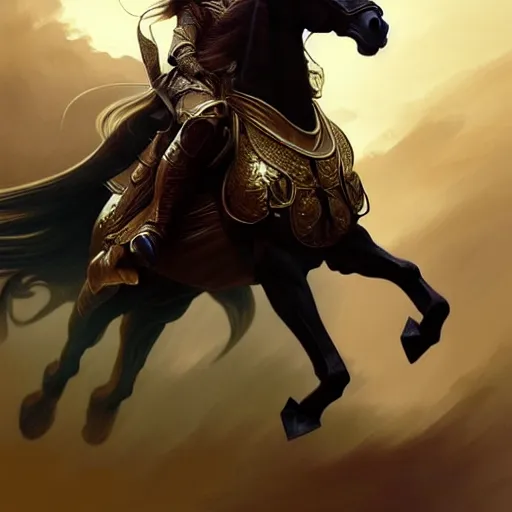 Image similar to Lionel Messi riding a majestic horse, D&D, fantasy, intricate, elegant, highly detailed, digital painting, artstation, concept art, matte, sharp focus, illustration, art by Artgerm and Greg Rutkowski and Alphonse Mucha