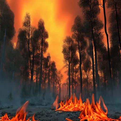 Prompt: surreal burning forest beautiful 4 k hyperrealistic artstation trending ray traced unreal engine detailed high resolution high detail drawn by peter michaels michaels mackentire and ronaldo swansonjohnson