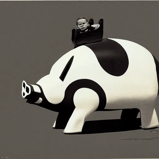 Prompt: black and white retro futuristic small boy wearing crown riding on the back of a large pig by syd mead, matte painting, geometric shapes