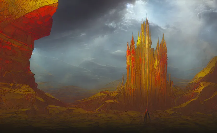 Image similar to by Moebius , landscape of mystic dark cult, monumental giant palace, lone scavenger near by, sun light through dark clouds, red+yellow colours, high quality details, one point perspective, denoise deep depth of field