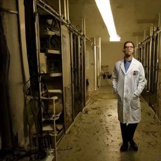 Image similar to a male scientist wearing a lab coat lost suit inside the very dark empty unsettling creepy backrooms, liminal space, horror scene