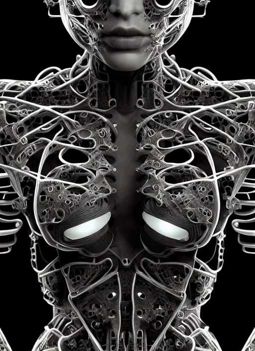 Prompt: organic cyborg full frontal torso close-up, black plastic, diffuse lighting, fantasy, intricate, elegant, highly detailed, lifelike, photorealistic, digital painting, artstation, illustration, concept art, smooth, sharp focus, art by John Collier and Albert Aublet and Krenz Cushart and Artem Demura and Alphonse Mucha