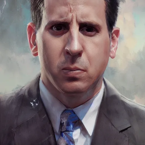 Image similar to hyper realistic, portrait of michael scott, ethnicity : japanese, epicanthal fold, painted by greg rutkowski, wlop, loish,