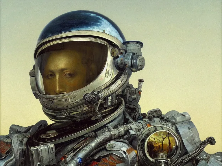 Image similar to a detailed profile oil painting of an explorer in a spacesuit with reflective helmet, flight suit, portrait symmetrical and science fiction theme with aurora lighting by beksinski carl spitzweg and tuomas korpi. baroque elements, full-length view. baroque element. intricate artwork by caravaggio. Trending on artstation. 8k