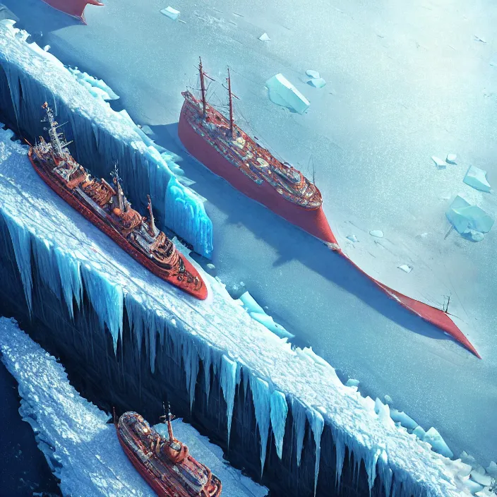 Prompt: one enormous gigantic steel shipshaped fortress sailing across an icy frozen ocean. central composition. masterpiece, cinematic, hyperdetailed, photorealistic, hyperrealism, octane render, depth of field, bokeh, architecture, aerial view, art by tom bagshaw, geof darrow, james gurney, filip hodas