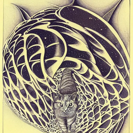 Image similar to cat as a fractal distortion, lithograph, watercolors, ink, M.C. Escher, moebius