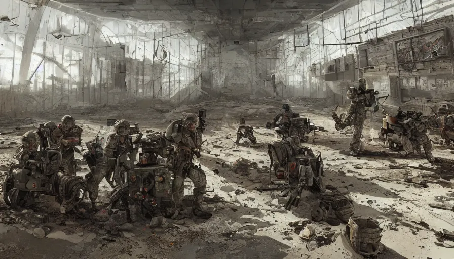 Prompt: soldiers investigating in abandoned dusty warehouse, hyperdetailed, artstation, cgsociety, 8 k