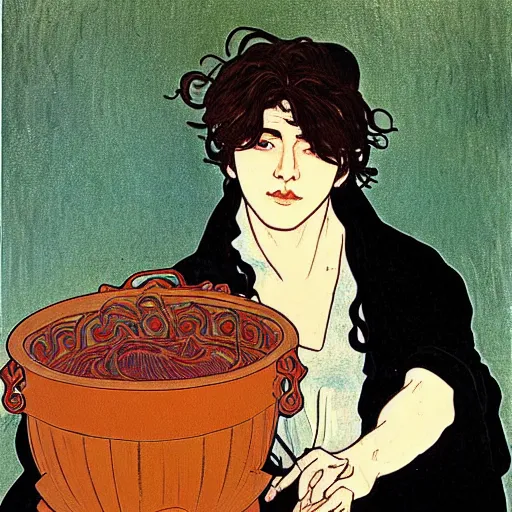 Image similar to painting of young cute handsome beautiful dark medium wavy hair man in his 2 0 s named shadow taehyung and cute handsome beautiful min - jun together at the halloween witchcraft party with bubbling cauldron, melancholy, autumn colors, elegant, painting, stylized, gorgeous eyes, soft facial features, delicate facial features, art by alphonse mucha, vincent van gogh, egon schiele