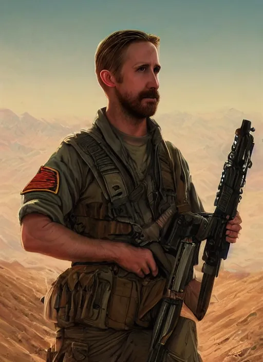 Image similar to purple scene lighting, detailed character portrait!!! concept art, older ryan gosling as a soldier with beard, short hair, in a soldier uniform, desert background, city skyline, sharp focus, illustration, highly detailed, digital painting, concept art, matte, art by wlop and artgerm and greg rutkowski, masterpiece