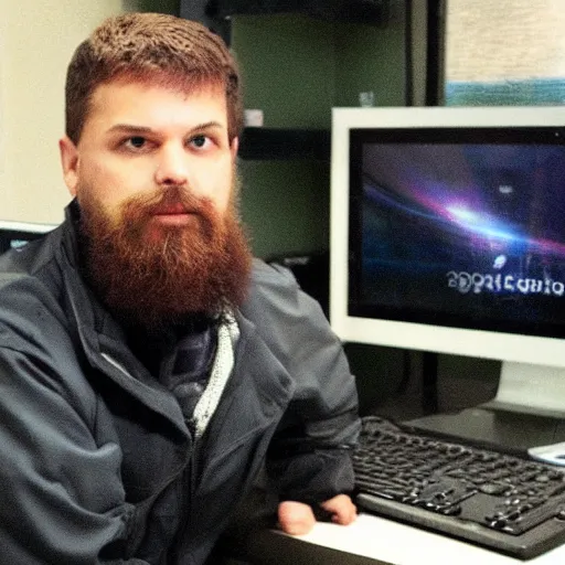 Prompt: a slav squatting on top of a computer monitor