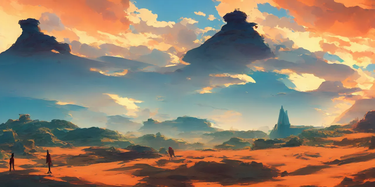 Prompt: blue desert, organic tower in the distance, green sky with a red sun, official fanart behance hd artstation by jesper ejsing, by rhads, makoto shinkai and lois van baarle, ilya kuvshinov, ossdraws