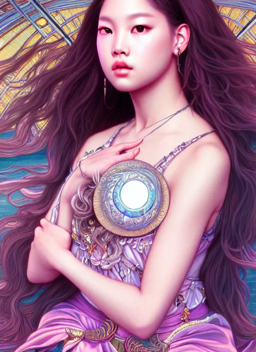 Image similar to jennie of blackpink, goddess of the moon, highly detailed, digital painting, smooth, sharp focus, illustration, ultra realistic, unreal engine, 8 k, art by artgerm and alphonse mucha